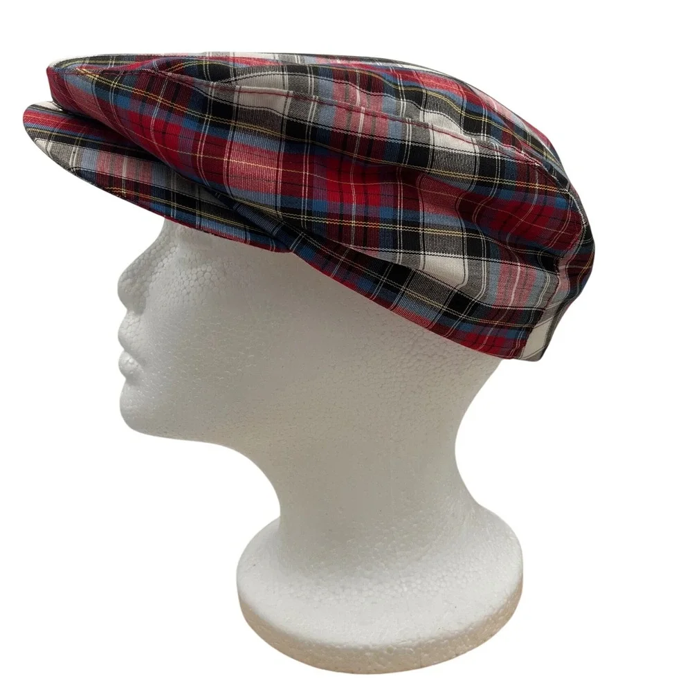 Vintage Plaid Flat Cap Red Blue White Tartan Driver Hat USA XL 7 1/2-7 5/8